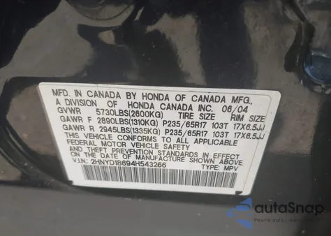 2004 Acura Mdx Touring z USA, uszkodzony, nr VIN 2HNYD18694H543266